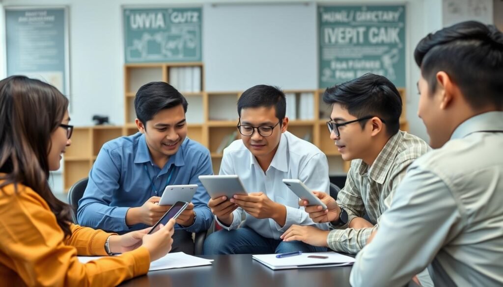Peserta kursus interaktif sedang mengerjakan kuis real-time dalam belajar online efektif Peserta kursus interaktif sedang mengerjakan kuis real-time dalam belajar online efektif