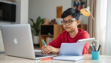 Seorang mahasiswa sedang belajar online efektif dengan laptop dan buku catatan