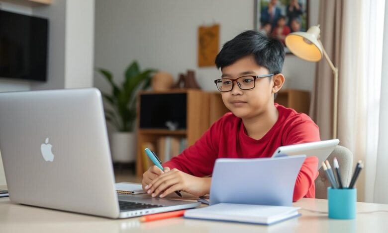 Seorang mahasiswa sedang belajar online efektif dengan laptop dan buku catatan